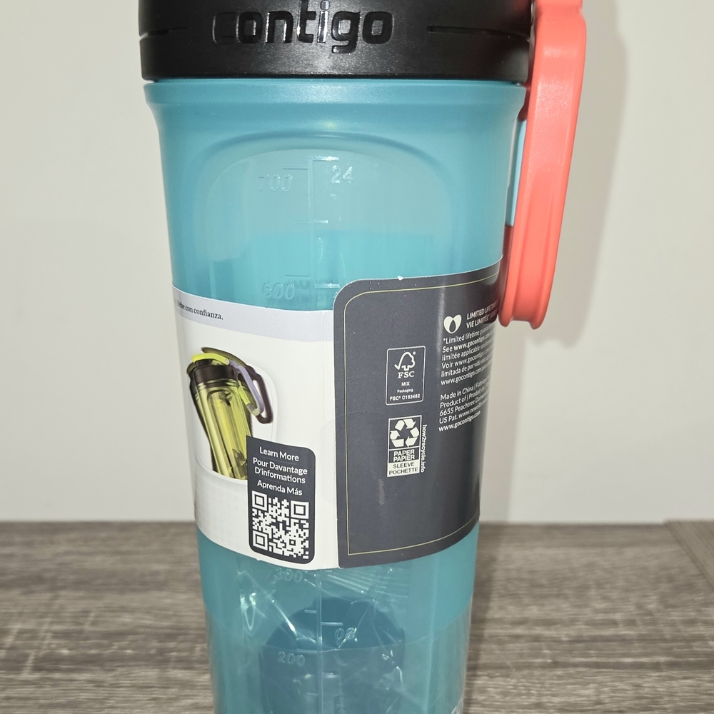 Contigo Teal Shake & Go Fit Mixer Bottle 28 Fl oz. (828ml) Carabiner Handle New. - Picture 5 of 11